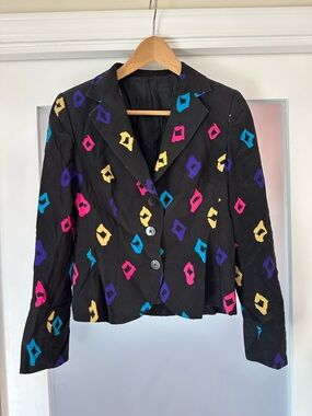 Black Patterned Women’s Blazer with Multicolor Diamond Print